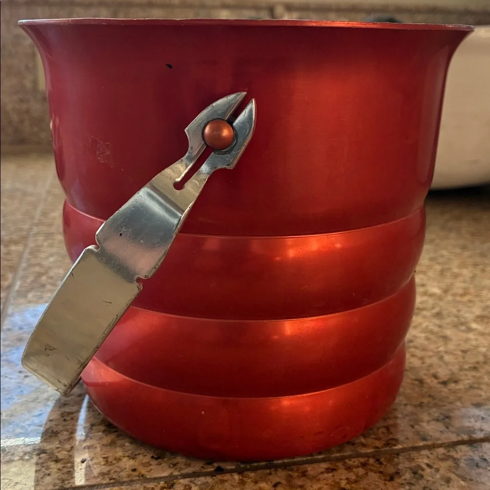 Kromex Red Metal Ice Bucket with Handle Enduringly Beautiful W/ Silver Handle
